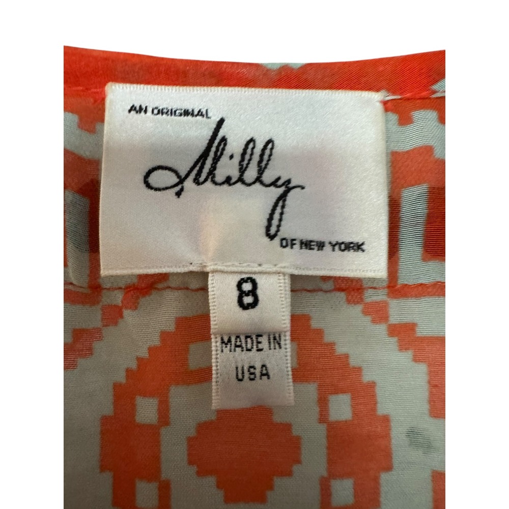Milly of New York Orange Ikat SILK Blend Beaded V-Neck Tunic Blouse Size 8 Airy - Picture 4 of 10